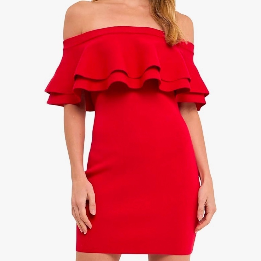 Endless Rose Womens Off Shoulder Mini Dress Size Large Red Ruffled Bodycon Party
